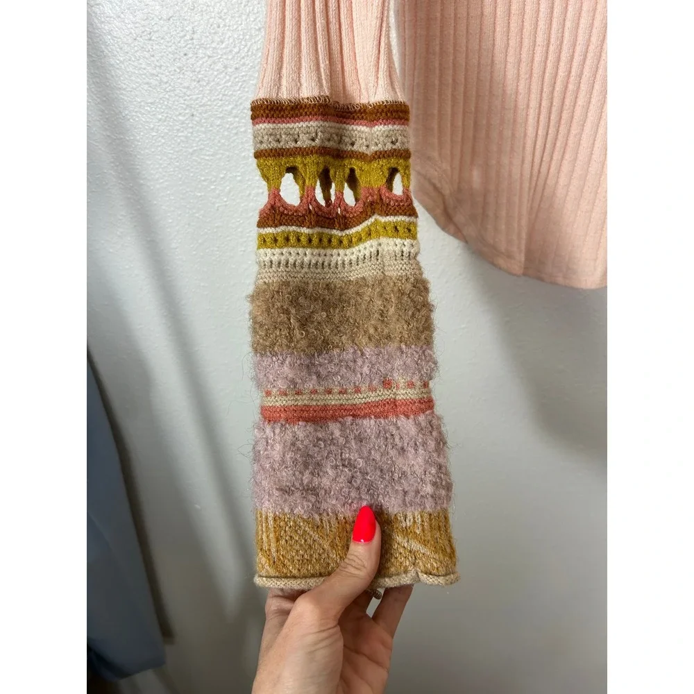Free People Mixed up Cuff Thermal Sweater Top Peach Large Boho